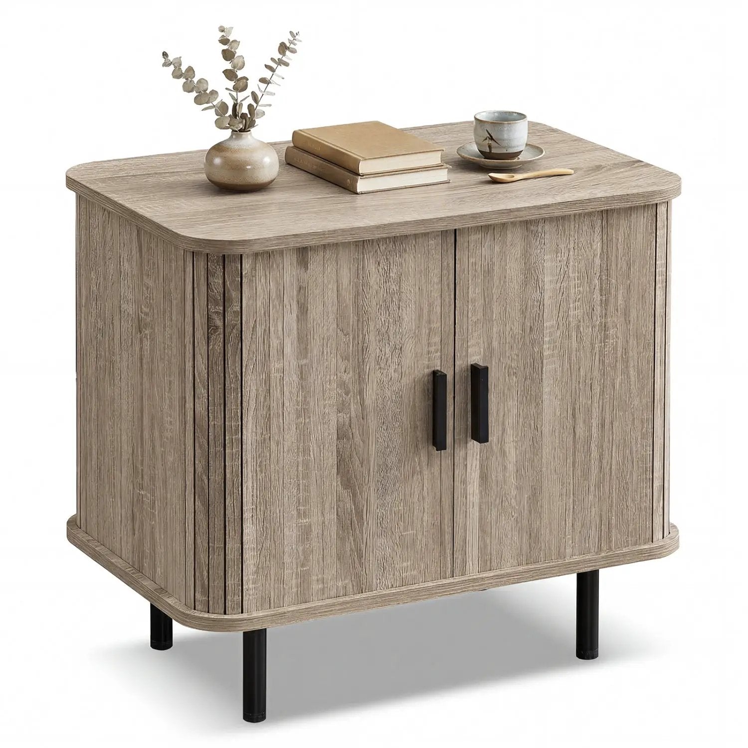 End Table Modern Mid Century Nightstand with Sliding Tambour Doors and Storage Shelf by DirectDeals