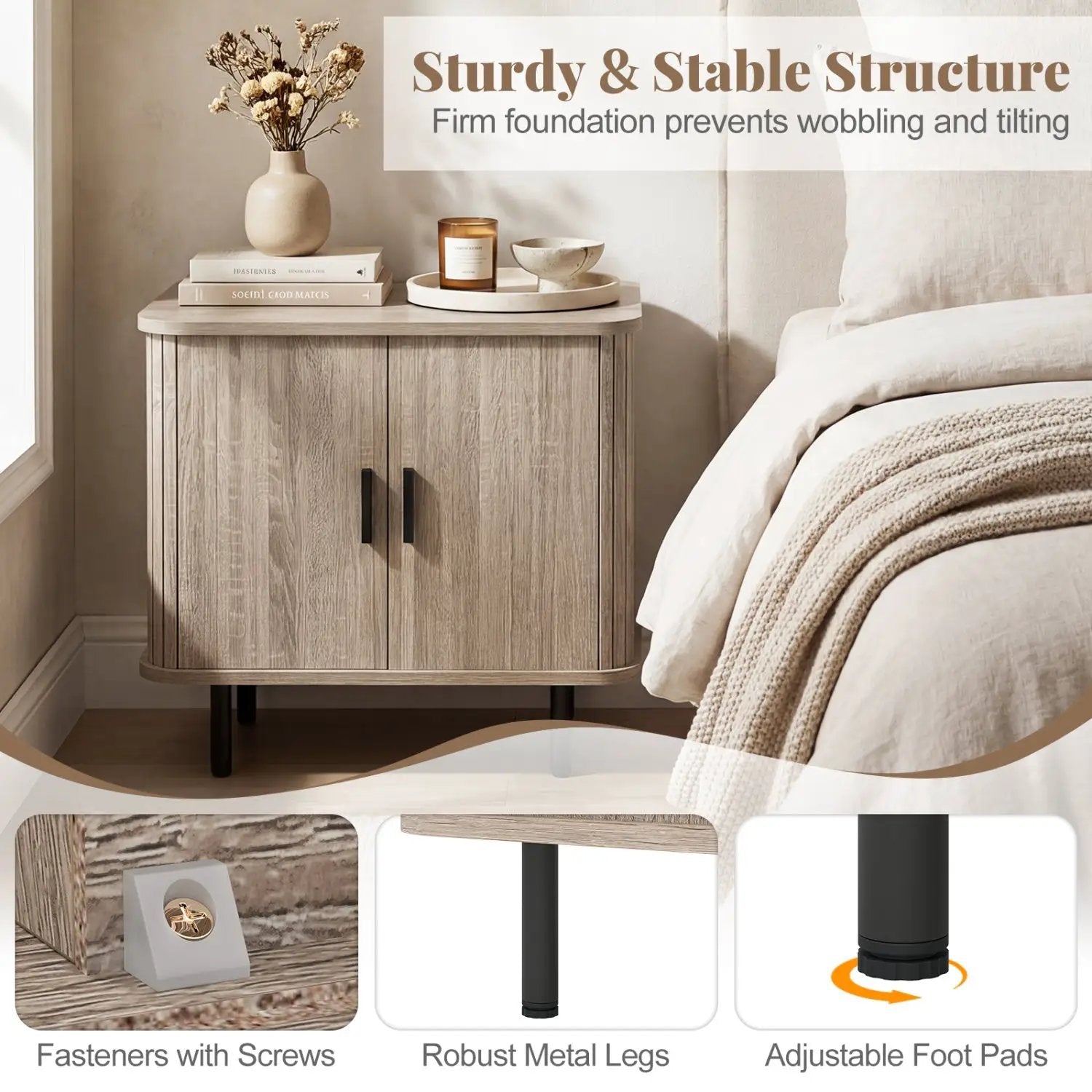 End Table Modern Mid Century Nightstand with Sliding Tambour Doors and Storage Shelf by DirectDeals