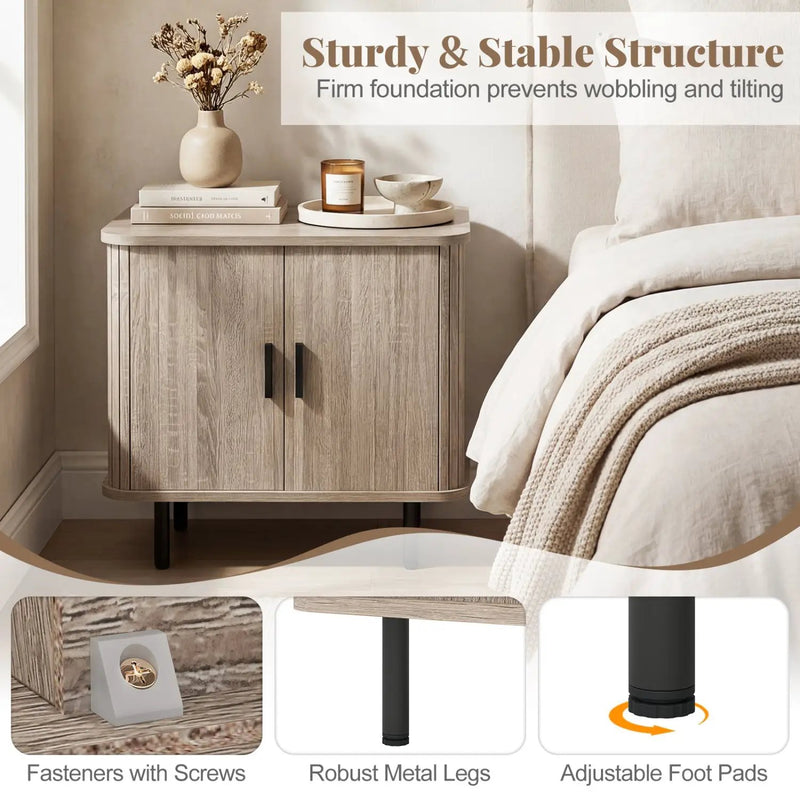 End Table Modern Mid Century Nightstand with Sliding Tambour Doors and Storage Shelf by DirectDeals