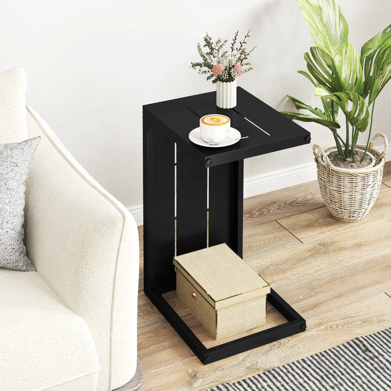 Set of 2 C-Shaped End Table with Adjustable Foot Pads for Indoors Outdoors-Black by DirectDeals