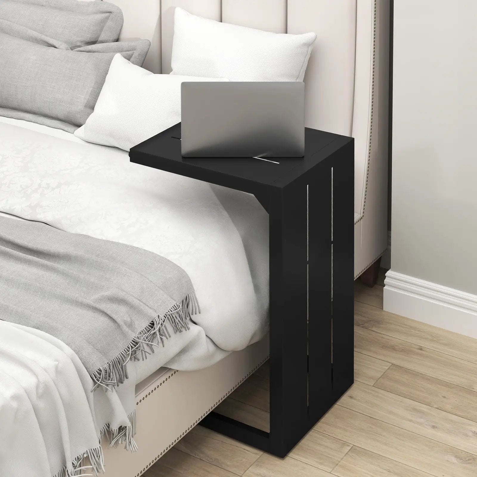 Set of 2 C-Shaped End Table with Adjustable Foot Pads for Indoors Outdoors-Black by DirectDeals