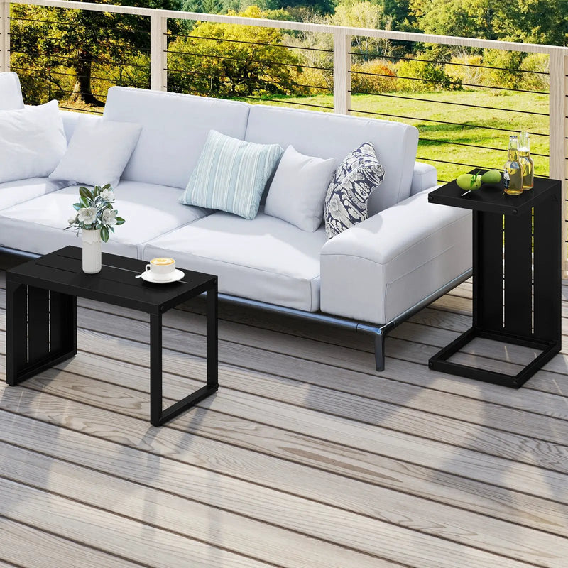 Set of 2 C-Shaped End Table with Adjustable Foot Pads for Indoors Outdoors-Black by DirectDeals