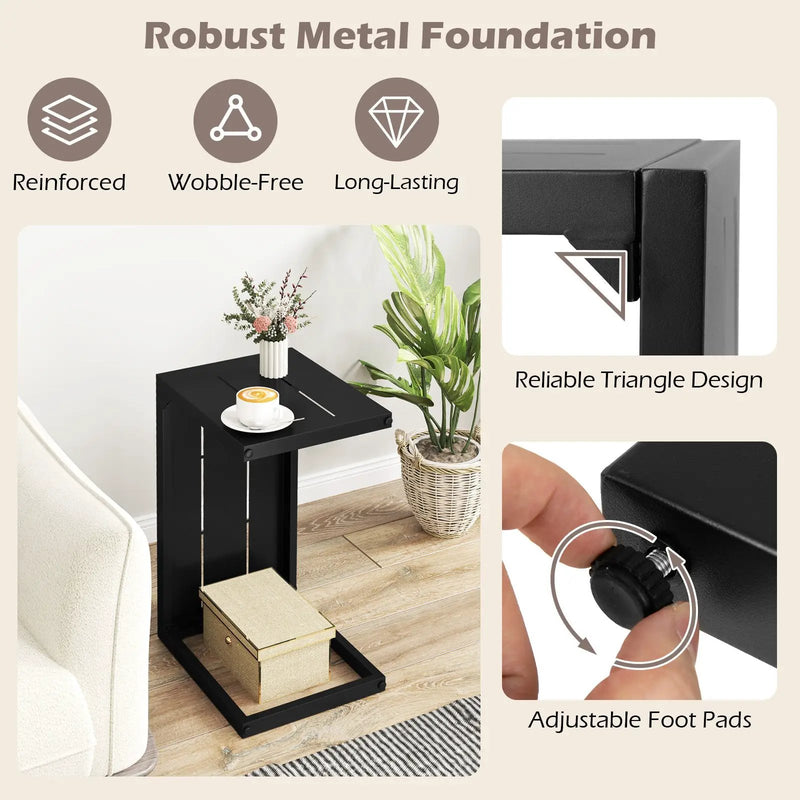 Set of 2 C-Shaped End Table with Adjustable Foot Pads for Indoors Outdoors-Black by DirectDeals