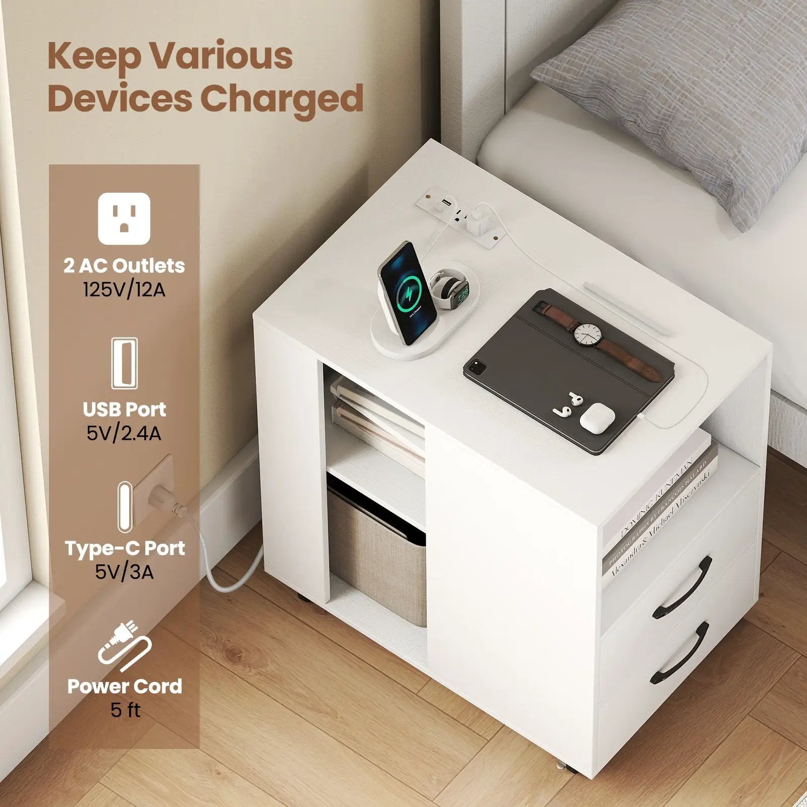 End Table with Built-in Charging Station Sofa Side Bedside Table on Wheels by DirectDeals