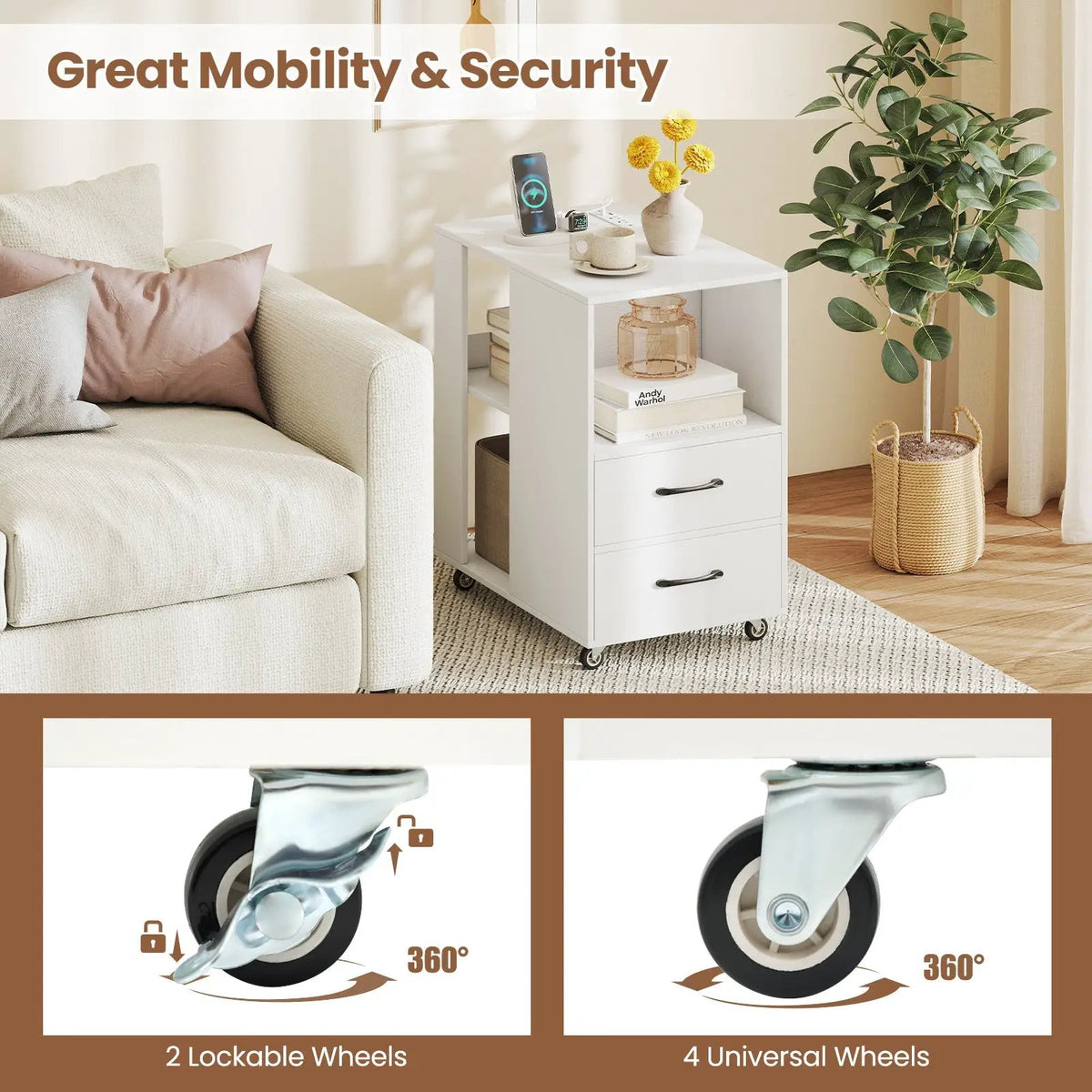 End Table with Built-in Charging Station Sofa Side Bedside Table on Wheels, photo 16 of 16