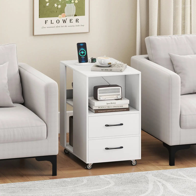 End Table with Built-in Charging Station Sofa Side Bedside Table on Wheels by DirectDeals
