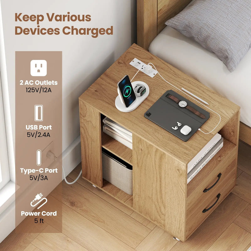 End Table with Built-in Charging Station Sofa Side Bedside Table on Wheels by DirectDeals