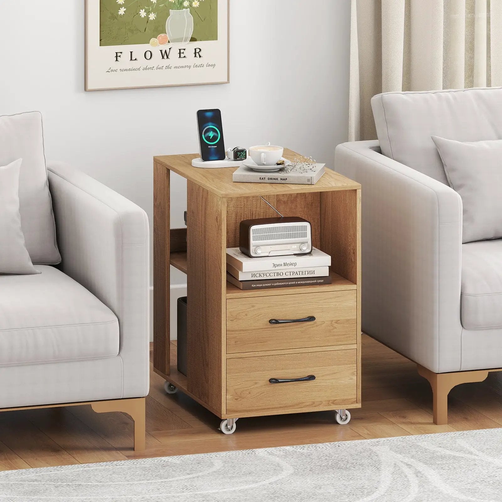 End Table with Built-in Charging Station Sofa Side Bedside Table on Wheels by DirectDeals