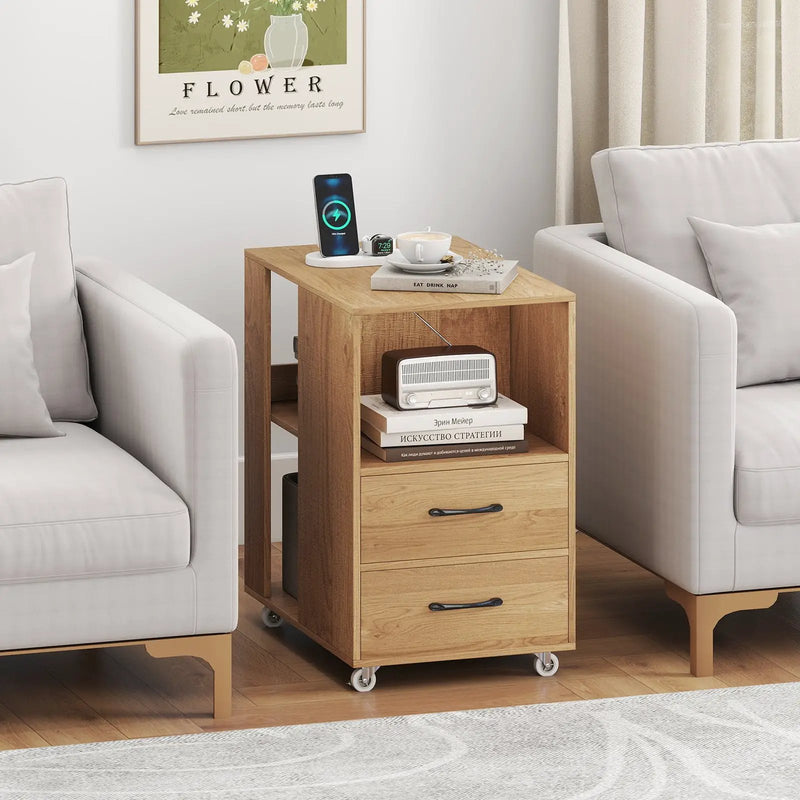 End Table with Built-in Charging Station Sofa Side Bedside Table on Wheels by DirectDeals