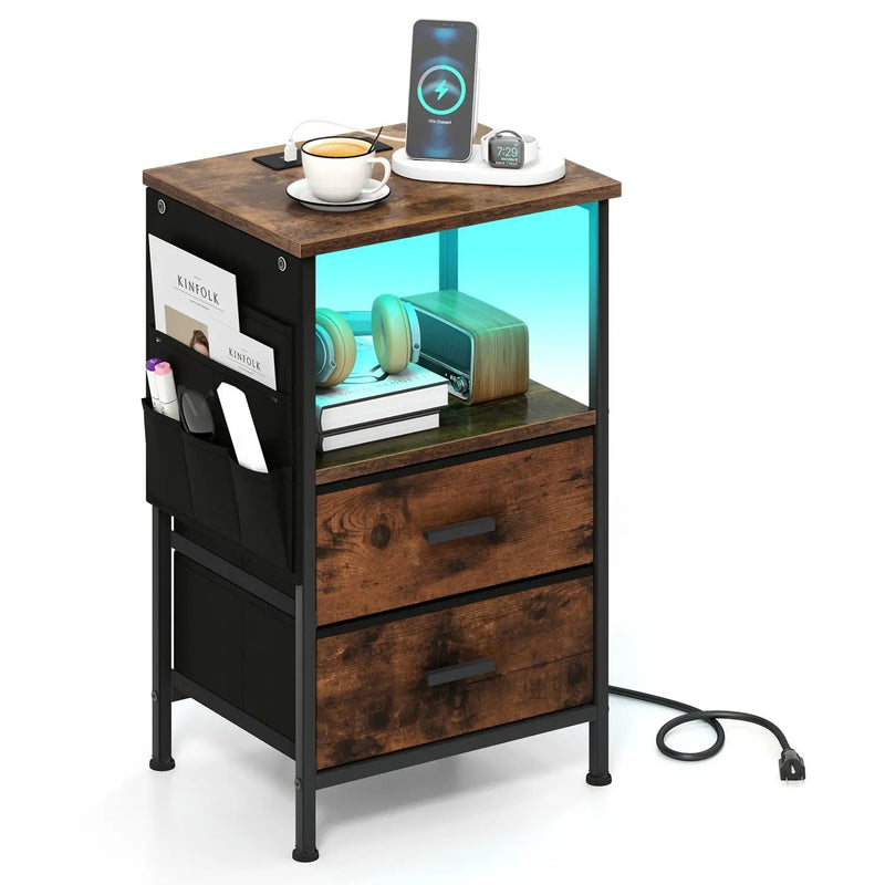 End Table with Charging Station Set of 2 Nightstand with 2 Folding Fabric Drawers by DirectDeals