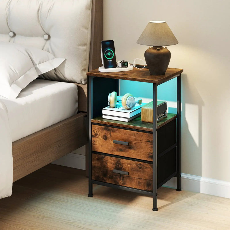 End Table with Charging Station Set of 2 Nightstand with 2 Folding Fabric Drawers by DirectDeals