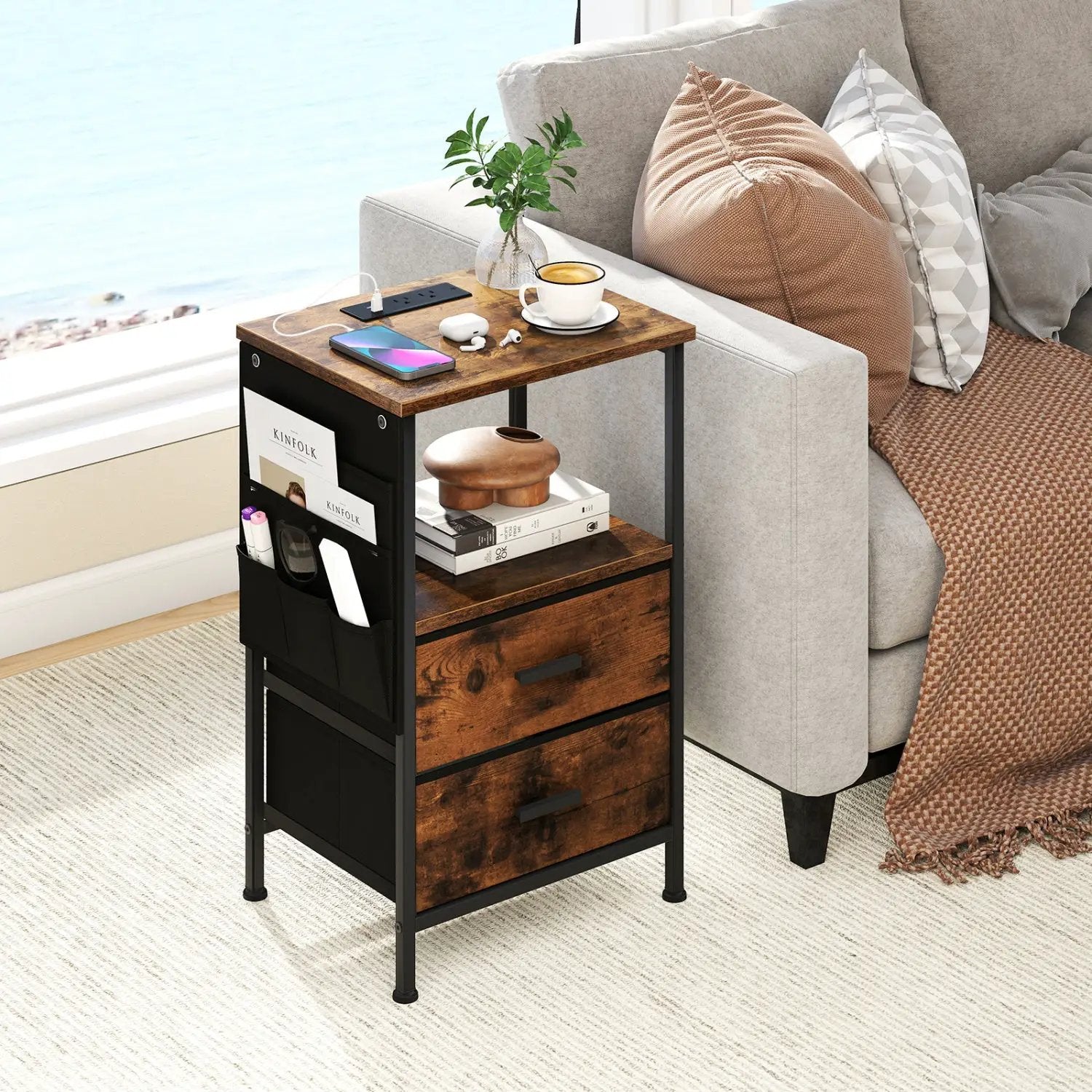 End Table with Charging Station Set of 2 Nightstand with 2 Folding Fabric Drawers by DirectDeals