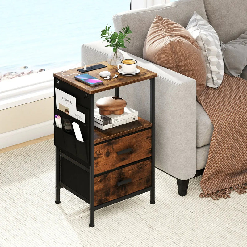 End Table with Charging Station Set of 2 Nightstand with 2 Folding Fabric Drawers by DirectDeals