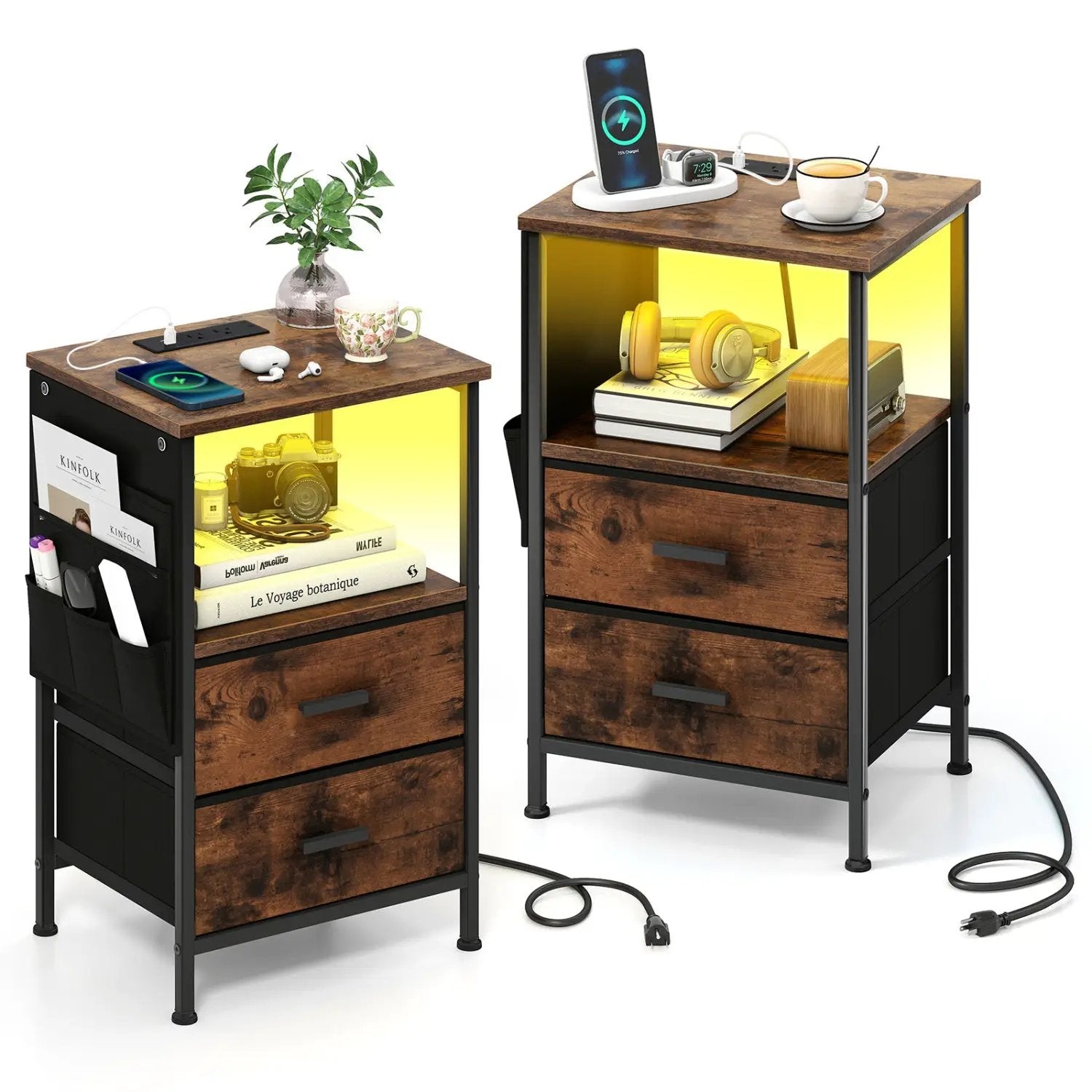 End Table with Charging Station Set of 2 Nightstand with 2 Folding Fabric Drawers by DirectDeals