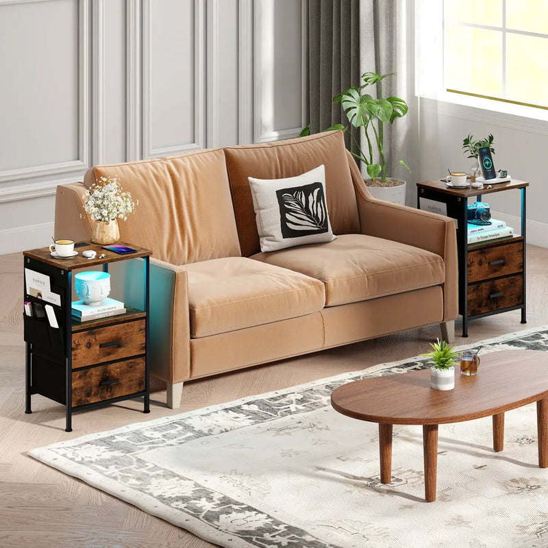 End Table with Charging Station Set of 2 Nightstand with 2 Folding Fabric Drawers by DirectDeals
