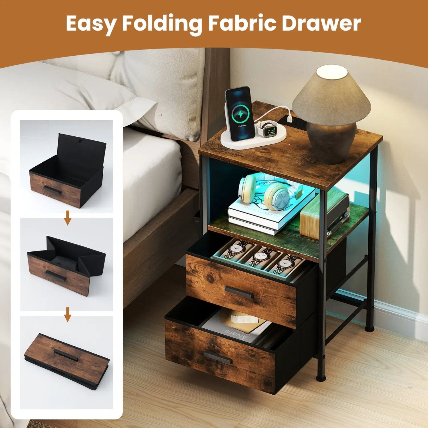 End Table with Charging Station Set of 2 Nightstand with 2 Folding Fabric Drawers by DirectDeals