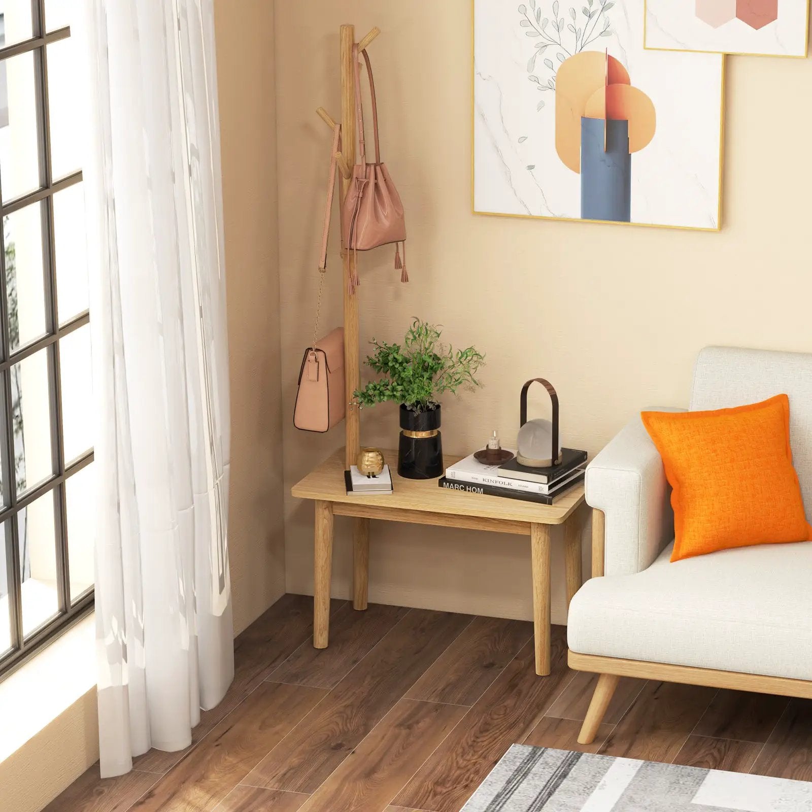 End Table with Coat Rack Solid Wood Coat Tree with 2-in-1 Side Table-Natural by DirectDeals