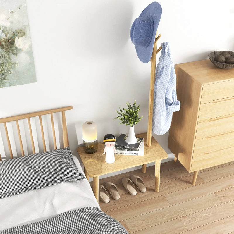 End Table with Coat Rack Solid Wood Coat Tree with 2-in-1 Side Table-Natural by DirectDeals