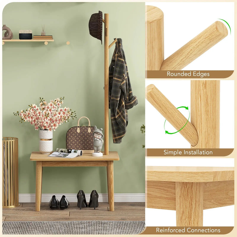 End Table with Coat Rack Solid Wood Coat Tree with 2-in-1 Side Table-Natural by DirectDeals