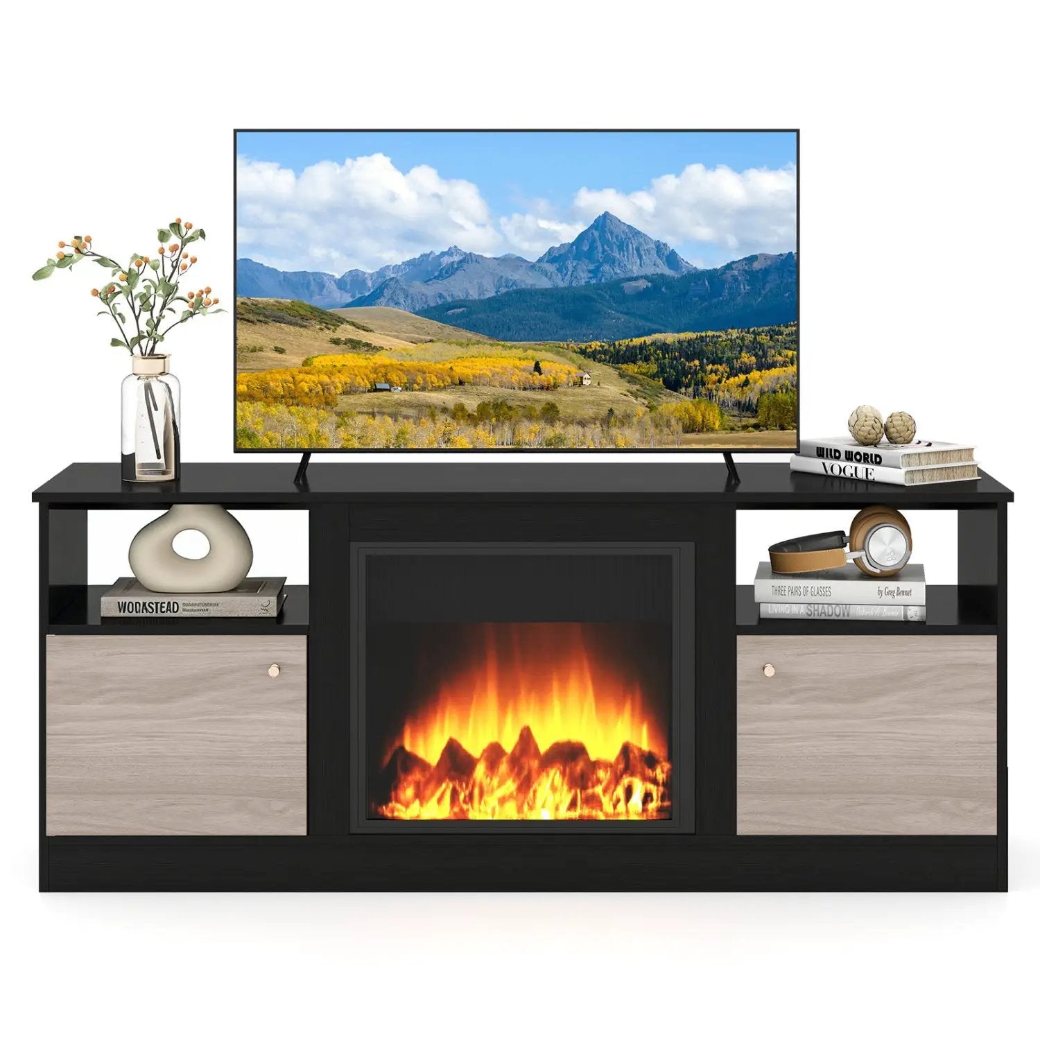 TV Stand for 65" TVs with LED Lighting & Fireplace Insert by DirectDeals