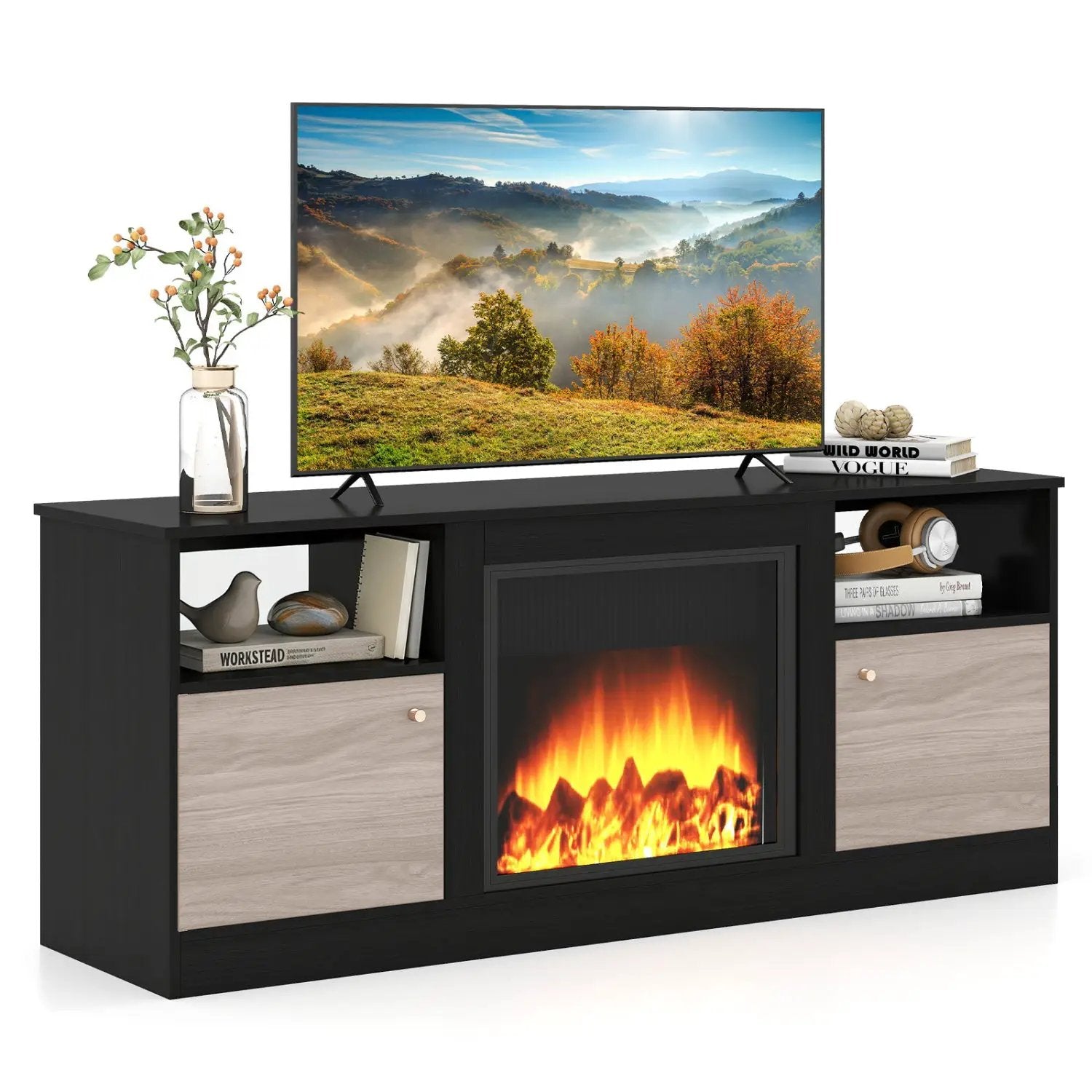 TV Stand for 65" TVs with LED Lighting & Fireplace Insert by DirectDeals