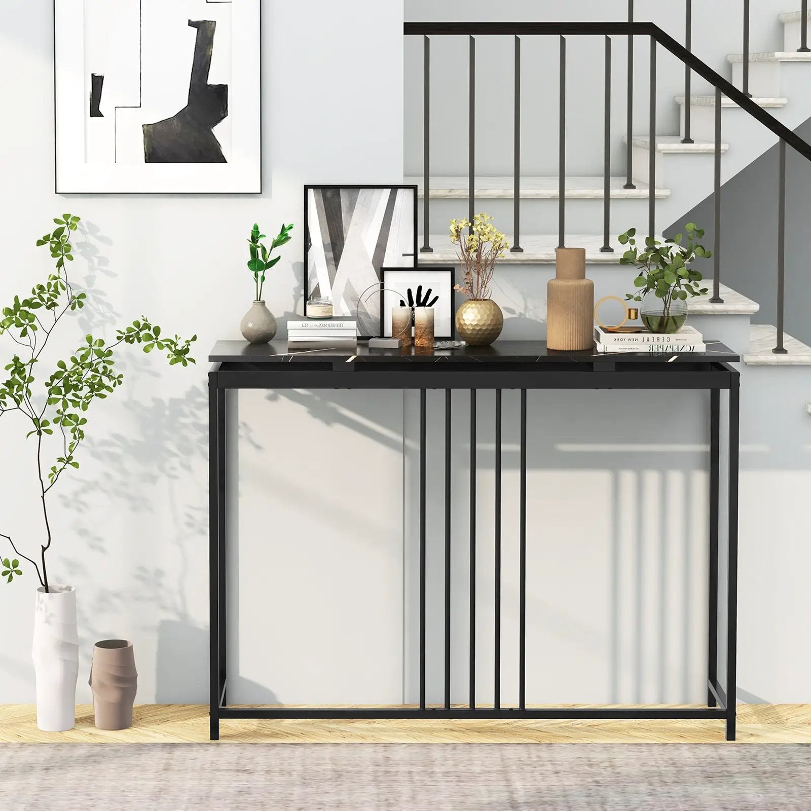 Entrance Couch Table with Narrow Faux Marble Top for Living Room and Hallway-Black by DirectDeals