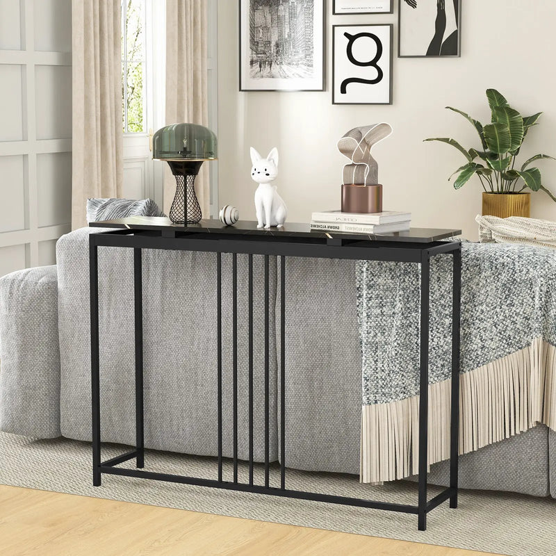 Entrance Couch Table with Narrow Faux Marble Top for Living Room and Hallway-Black by DirectDeals