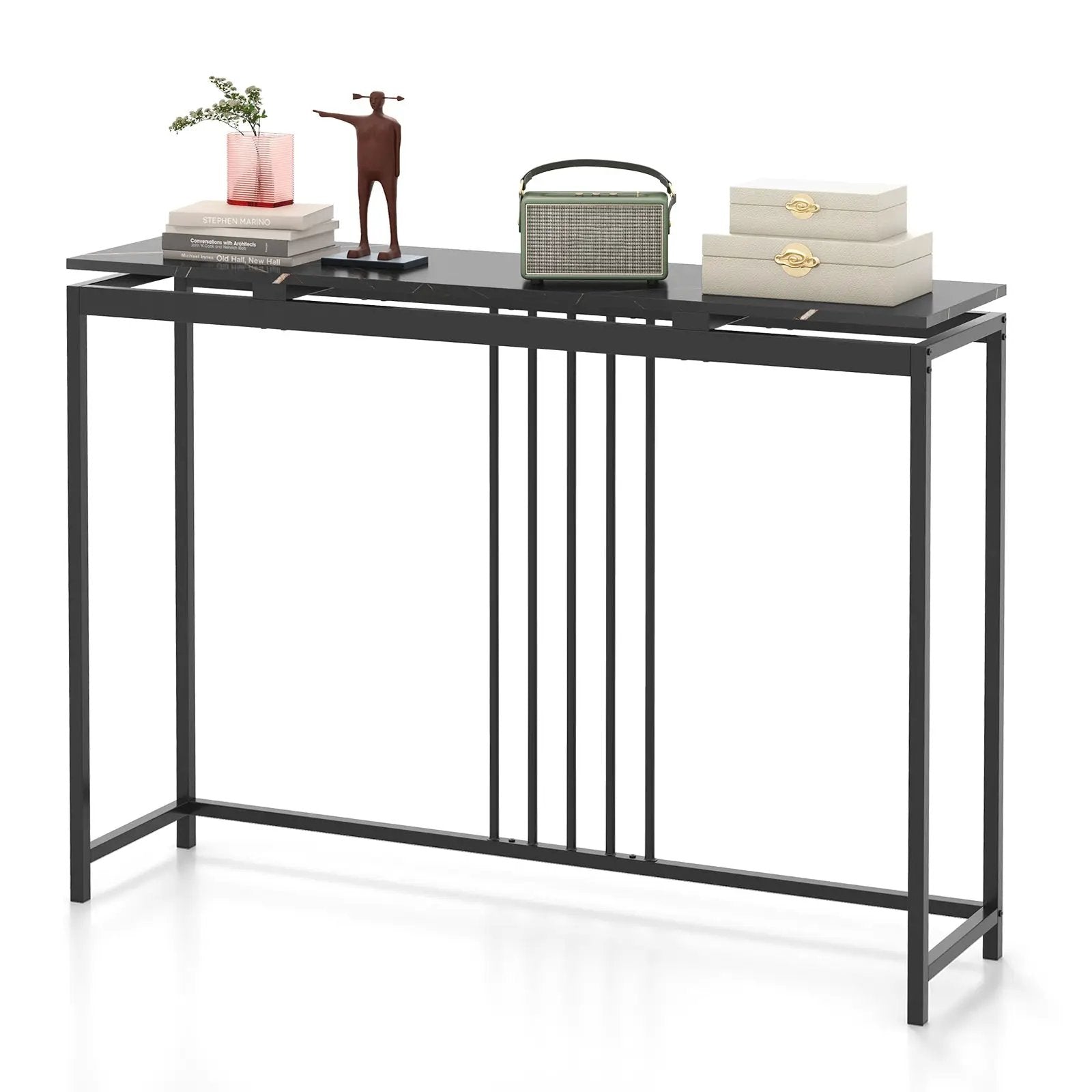 Entrance Couch Table with Narrow Faux Marble Top for Living Room and Hallway-Black by DirectDeals