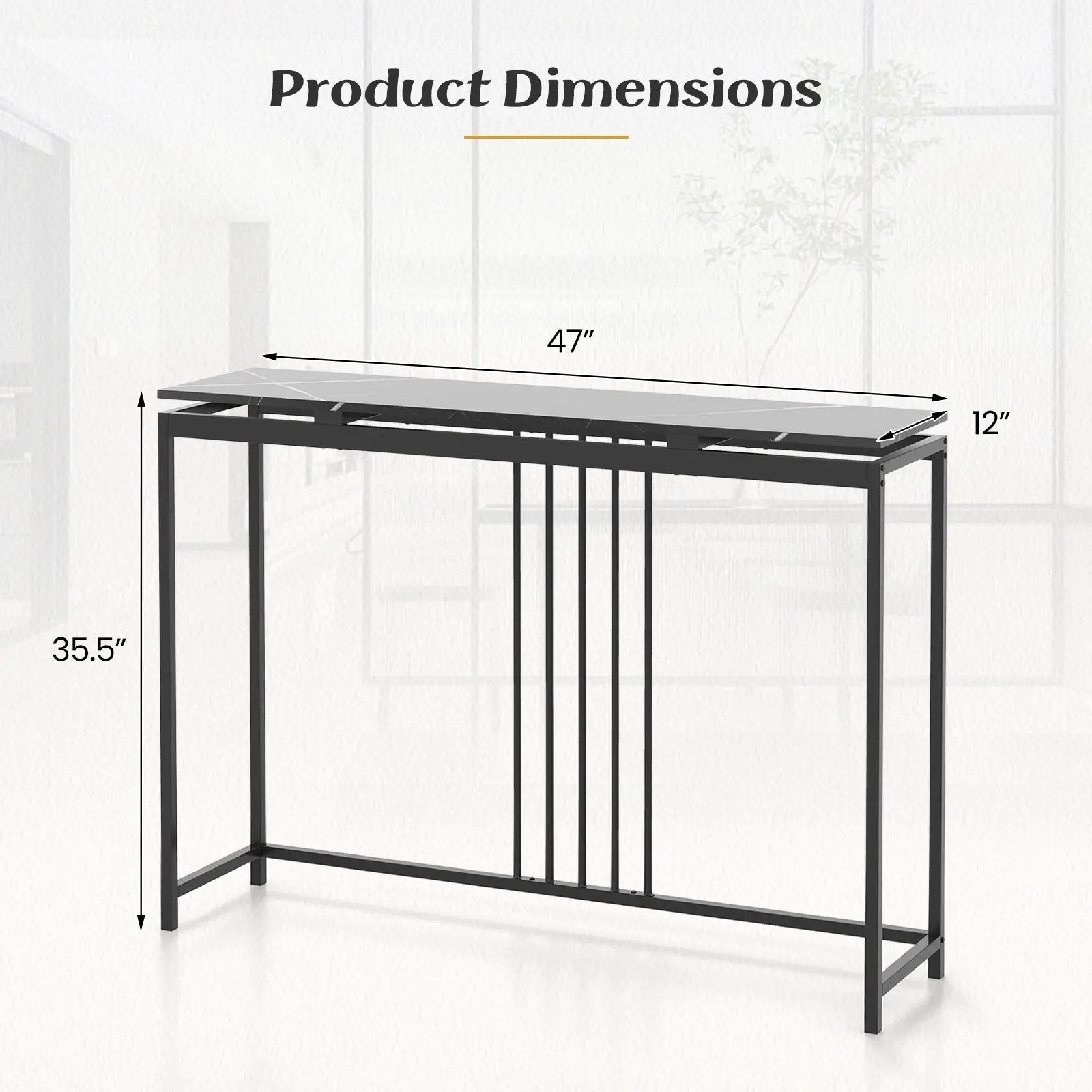 Entrance Couch Table with Narrow Faux Marble Top for Living Room and Hallway-Black by DirectDeals