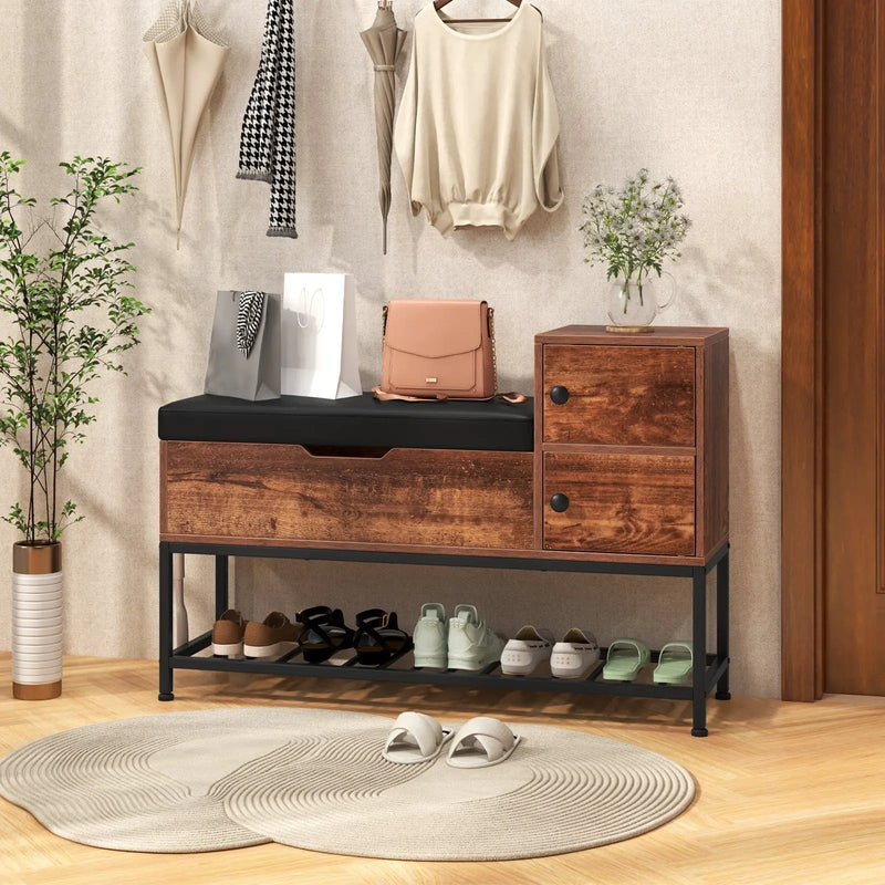 Entryway Bench with Flip Top Box and 2 Door Cabinets for Entryway-Rustic Brown by DirectDeals