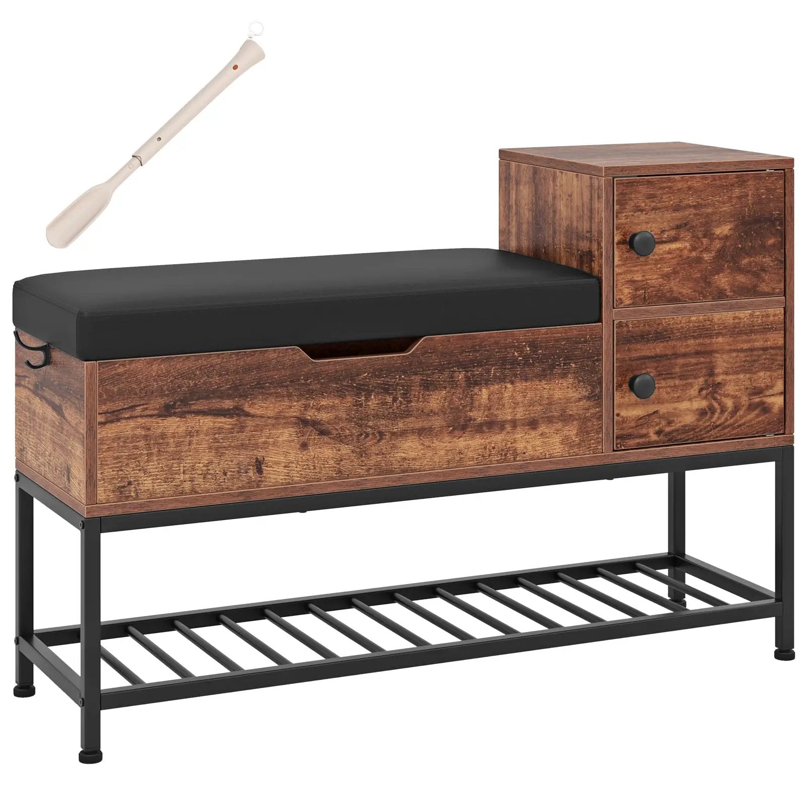 Entryway Bench with Flip Top Box and 2 Door Cabinets for Entryway-Rustic Brown by DirectDeals