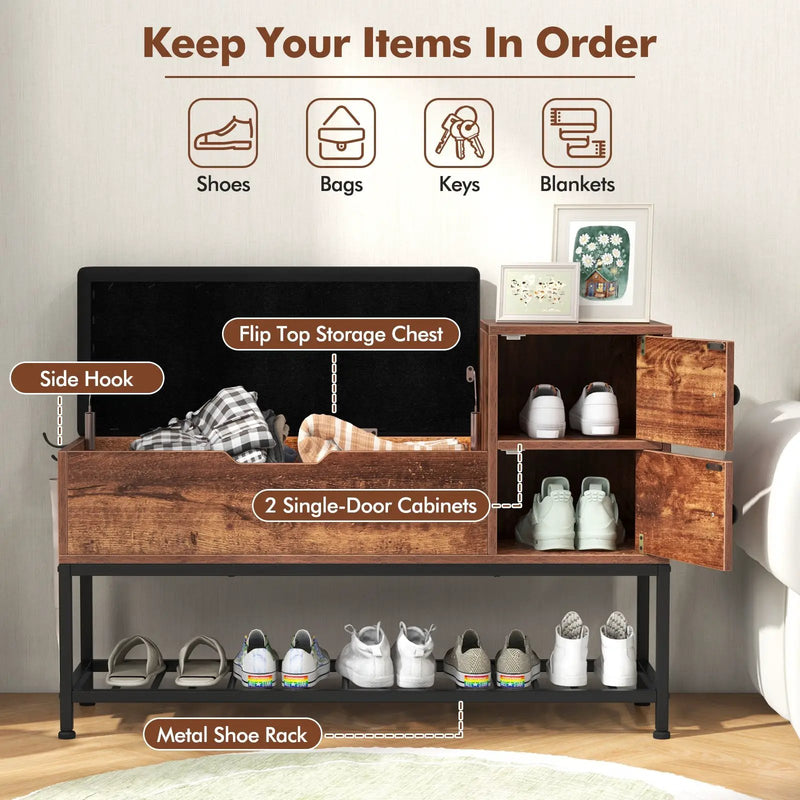 Entryway Bench with Flip Top Box and 2 Door Cabinets for Entryway-Rustic Brown by DirectDeals