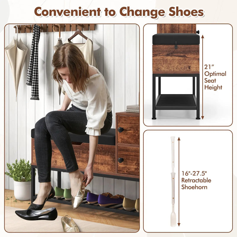Entryway Bench with Flip Top Box and 2 Door Cabinets for Entryway-Rustic Brown by DirectDeals