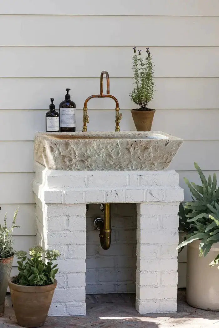 Light Travertine Wall-Mount Outdoor Sink - Handcrafted Rustic Old-World 18x28x8 by GobekDesign