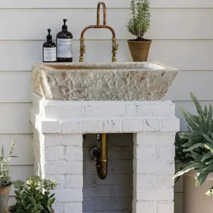 Light Travertine Wall-Mount Outdoor Sink - Handcrafted Rustic Old-World 18x28x8 by GobekDesign