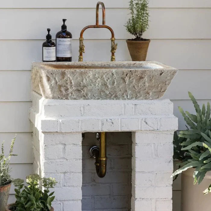Ephesus Light Travertine Rustic Old-world Look Wall-mount Outdoor Sink (W)18" (L)28" (H)8" by GobekDesign