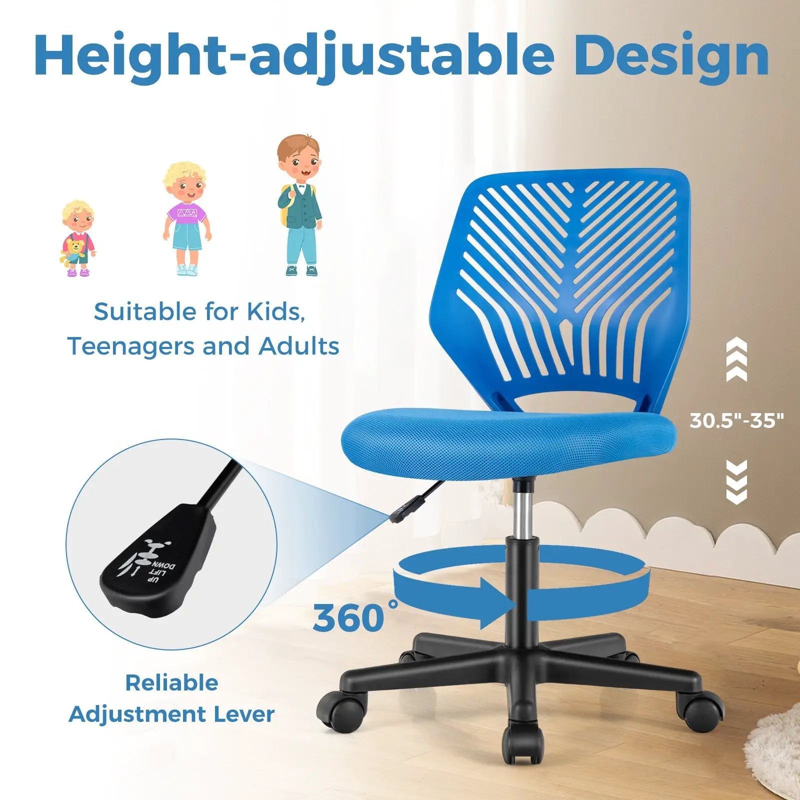 Height-adjustable Ergonomic Kids Desk Chair with Universal Casters by DirectDeals