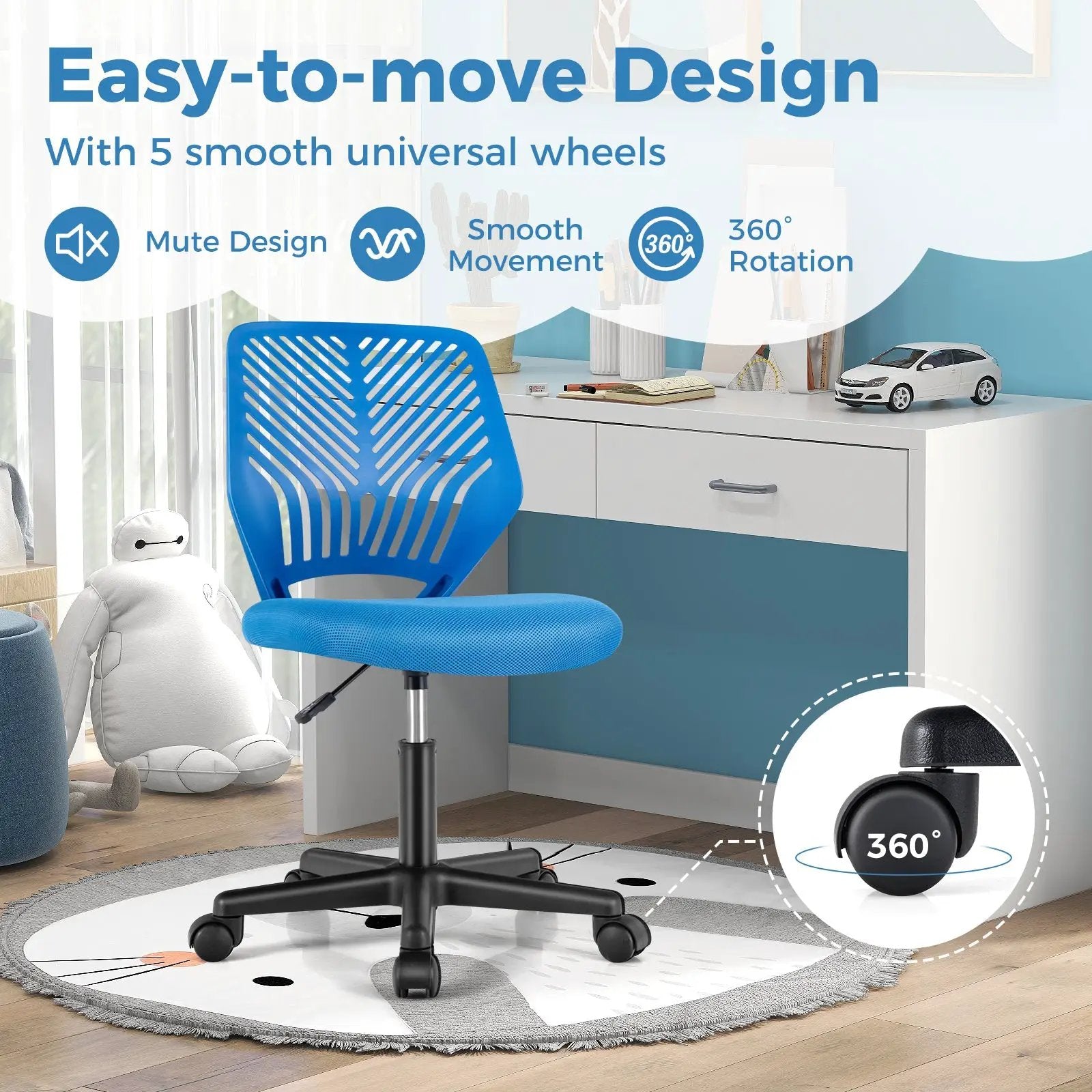 Height-adjustable Ergonomic Kids Desk Chair with Universal Casters by DirectDeals
