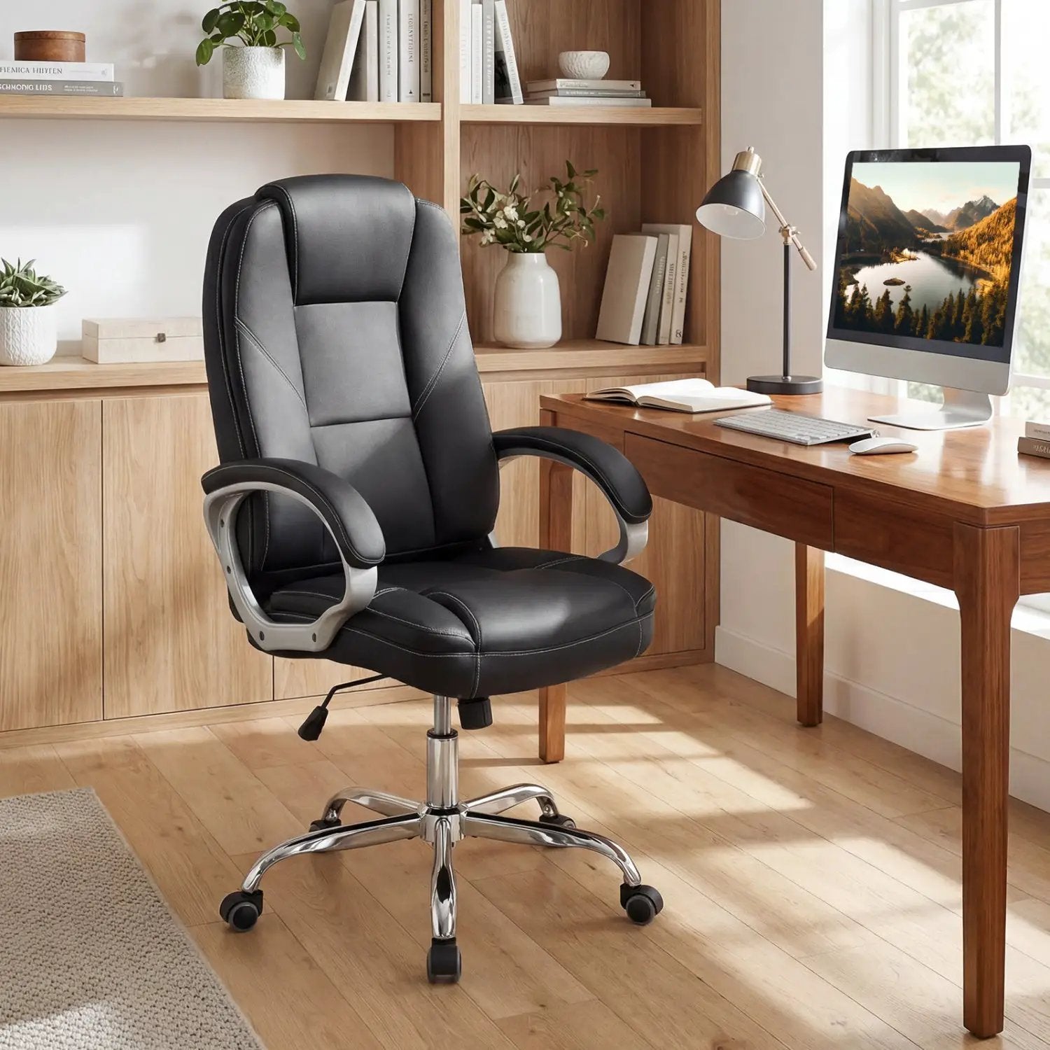Ergonomic Leather Office Chair with Padded Armrests and Rocking Backrest by DirectDeals