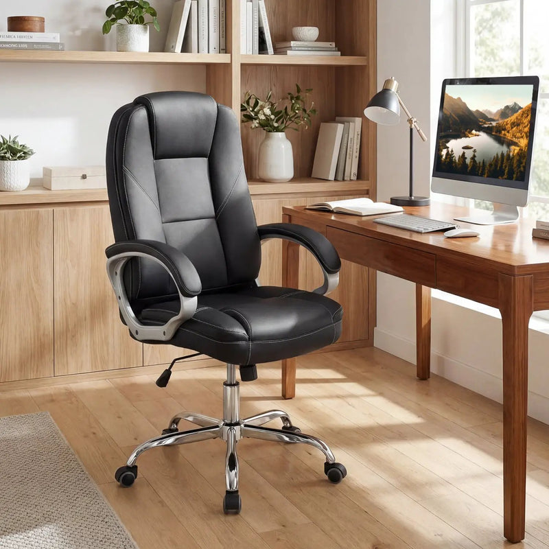 Ergonomic Leather Office Chair with Padded Armrests and Rocking Backrest by DirectDeals