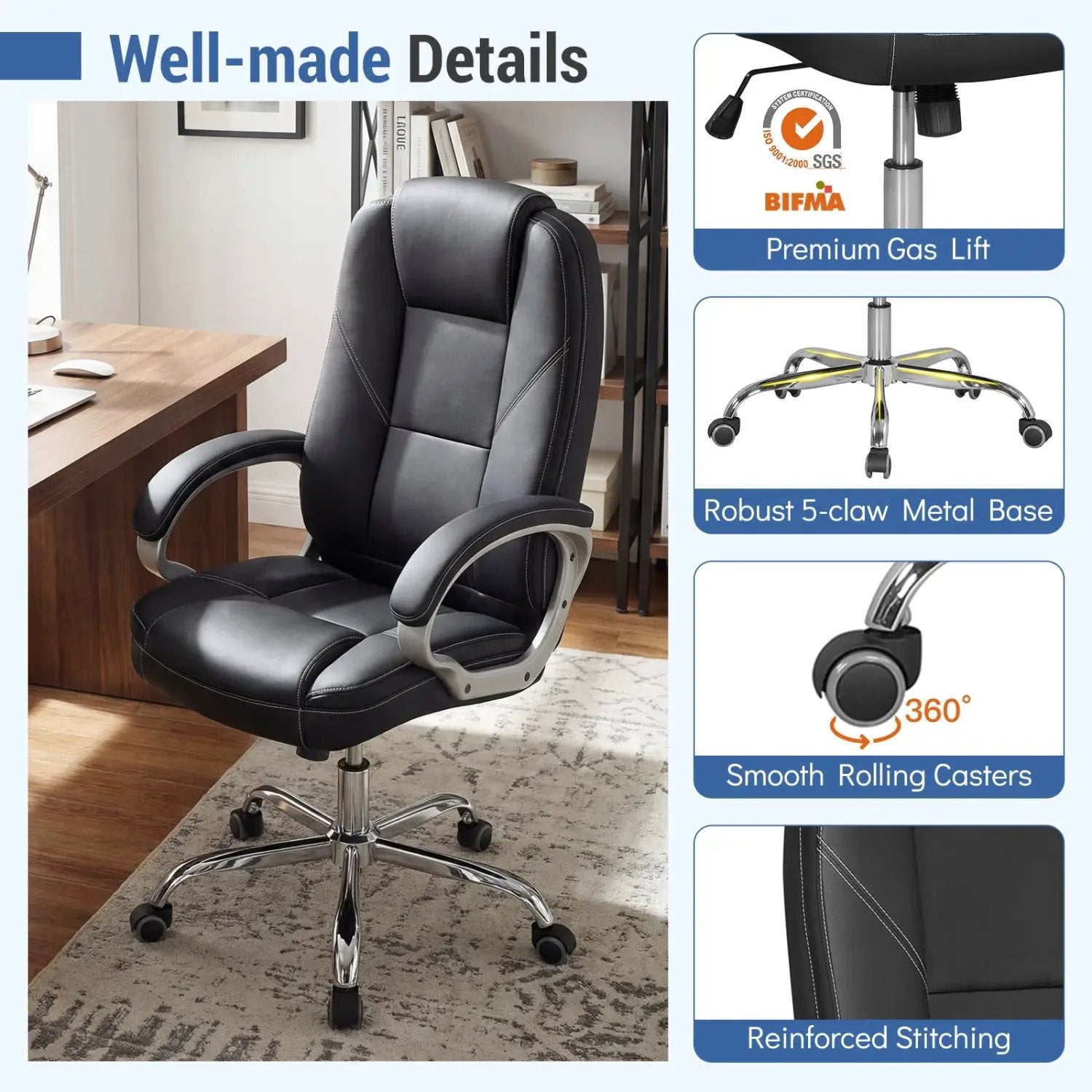 Ergonomic Leather Office Chair with Padded Armrests and Rocking Backrest by DirectDeals