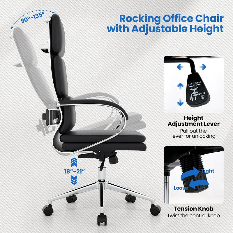 Ergonomic Leather Office Chair with Adjustable Height and Rocking Function-Black by DirectDeals