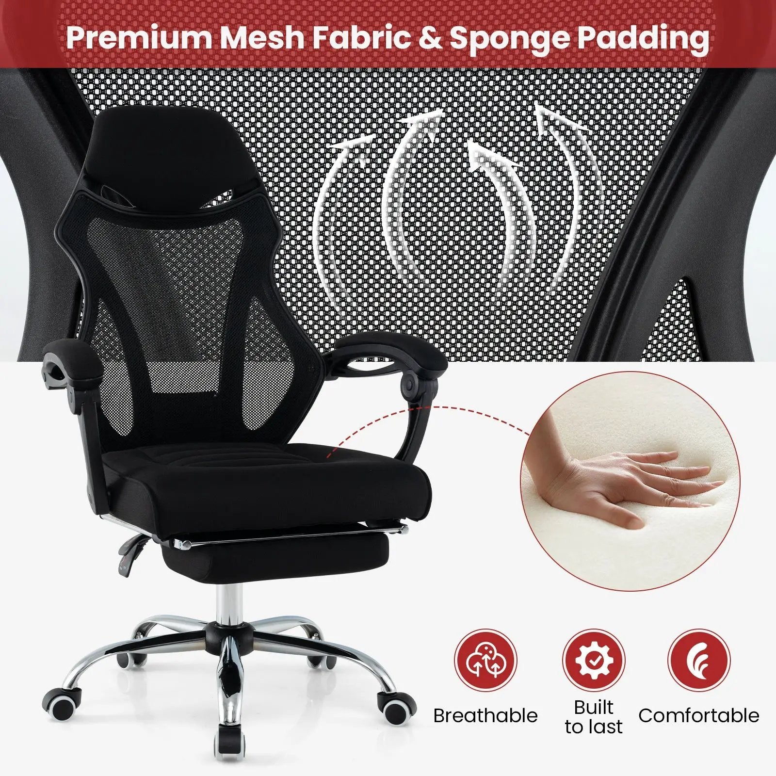 Ergonomic Mesh Office Chair with Footrest and Tilting Backrest-Black by DirectDeals