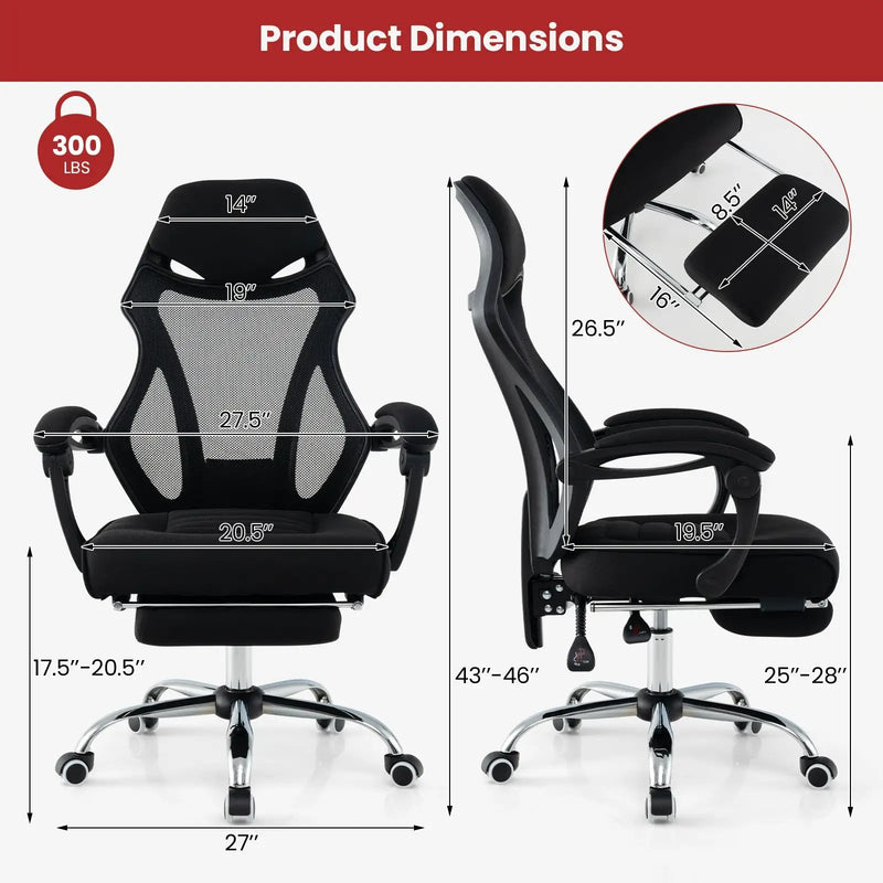 Ergonomic Mesh Office Chair with Footrest and Tilting Backrest-Black by DirectDeals