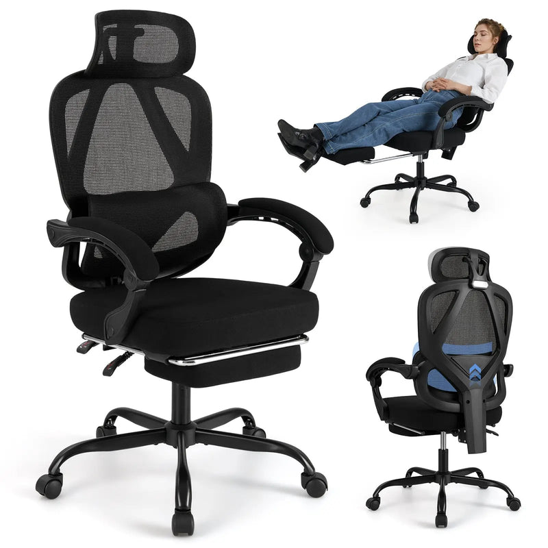 Ergonomic Office Chair High Back Mesh Desk Chair with Retractable Footrest-Black by DirectDeals