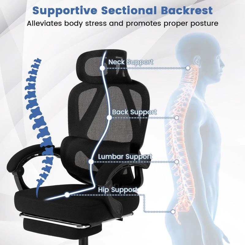 Ergonomic Office Chair High Back Mesh Desk Chair with Retractable Footrest-Black by DirectDeals