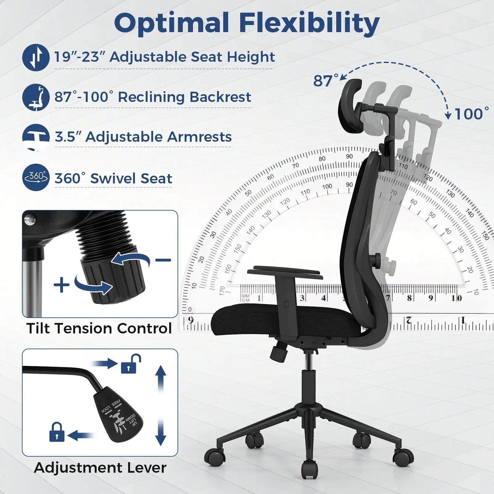 Ergonomic Office Chair with 3D Headrest and Reclining Backrest-Black by DirectDeals