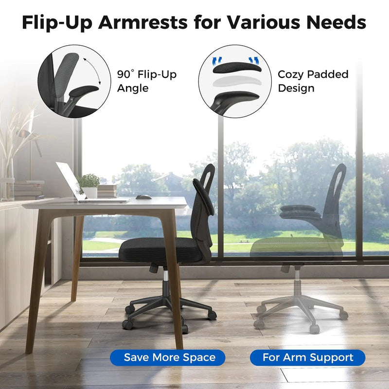 Adjustable Swivel Mesh Task Office Chair with Flip-Up Armrests-Black by DirectDeals