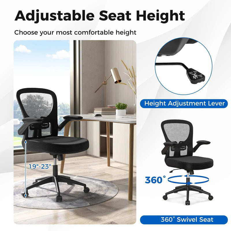 Adjustable Swivel Mesh Task Office Chair with Flip-Up Armrests-Black by DirectDeals