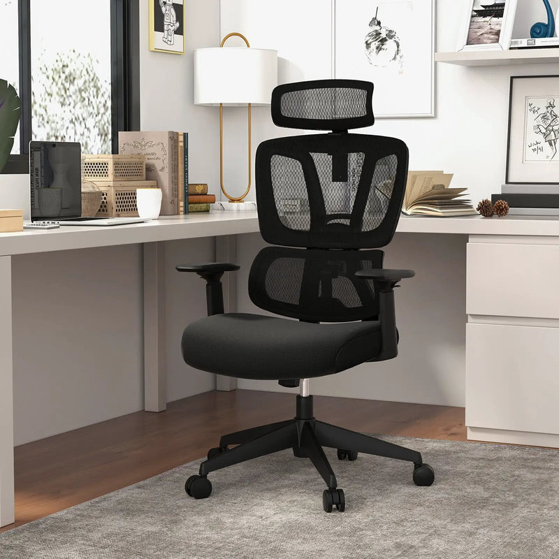 Ergonomic Office Chair with N Type Lumbar Support and Adjustable Headrest-Black by DirectDeals